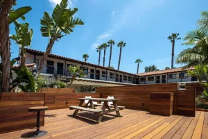 Haley Hotel patio with palm trees and wood benches and tables.