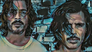 Artistic image of two men with facial hair. The are called the Makarines.